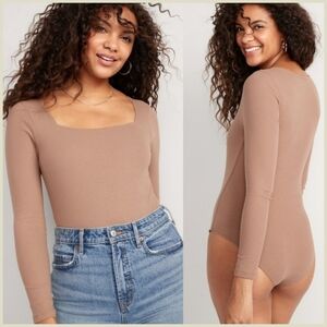{XL} NWT Old Navy Ribbed Knit Bodysuit Long Sleeve Square Neck Tan Taupe Brown